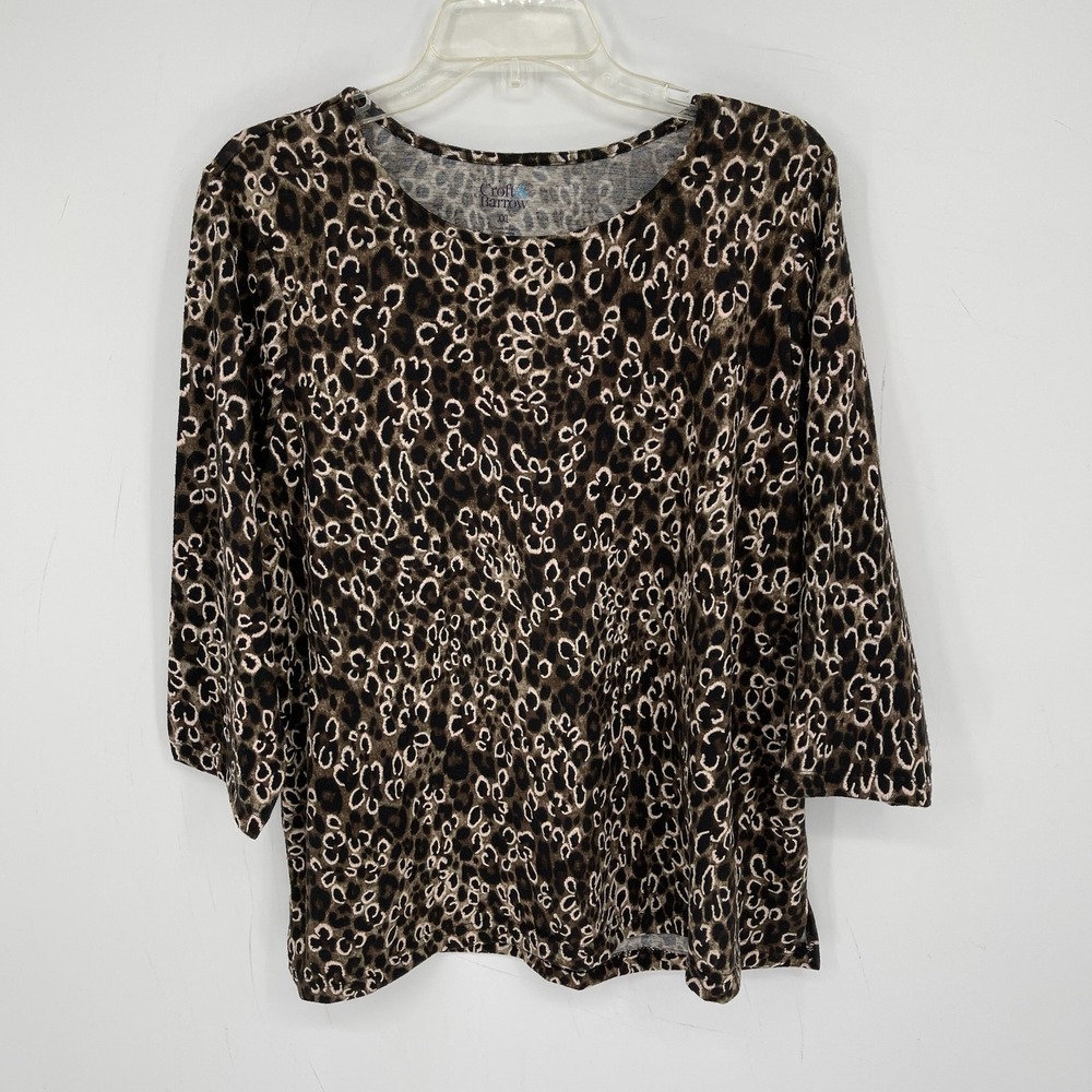 Croft & Barrow Women's Brown Leopard Print Stretch 3/4 Sleeve Knit Top Size XXL
